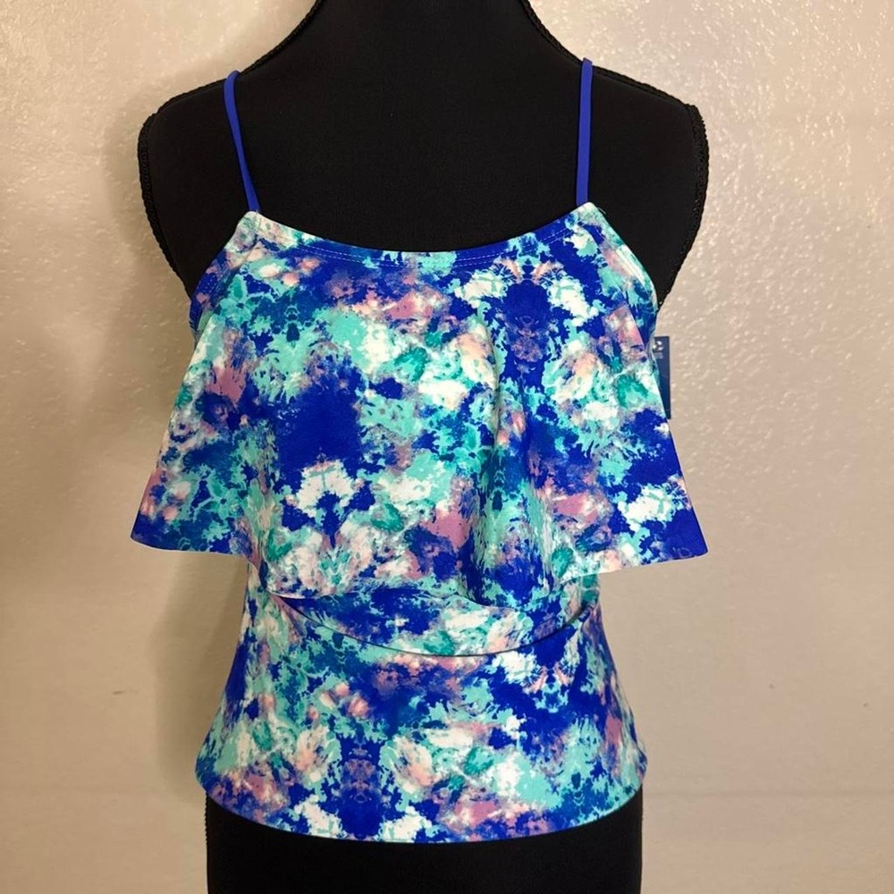 Blue, teal, and pink floral print tankini top
